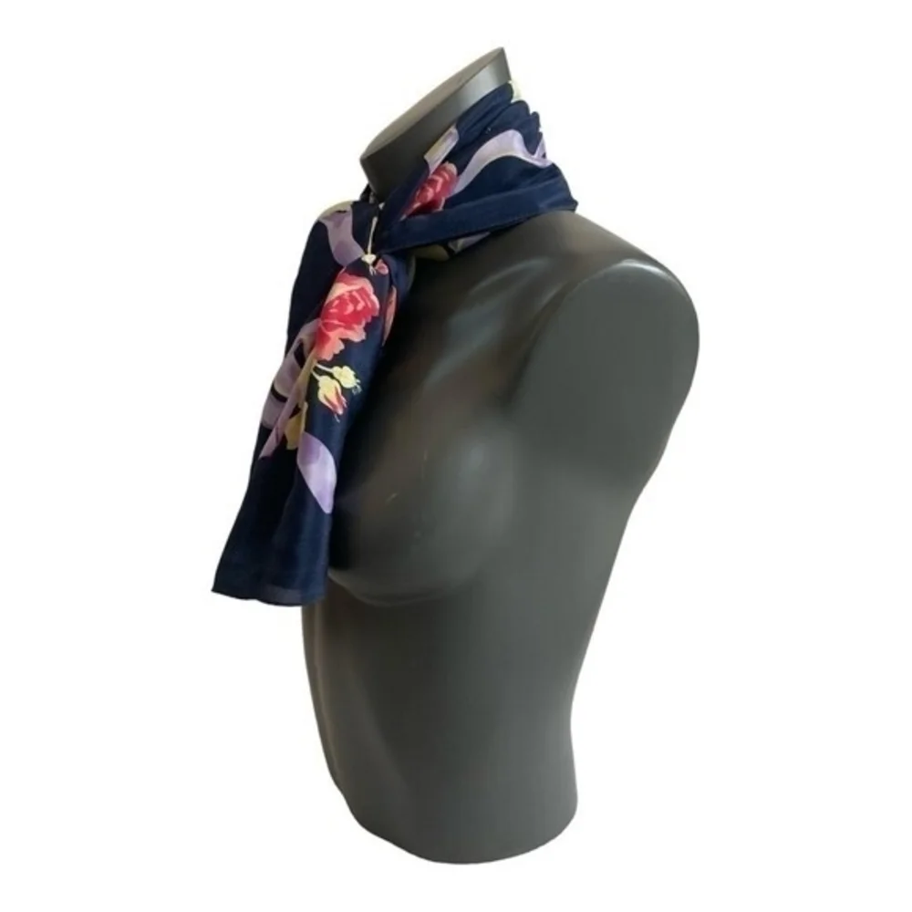 Echo Navy Blue Floral Silk Scarf 34x34 Square Multicolor 100% Silk Shawl VG